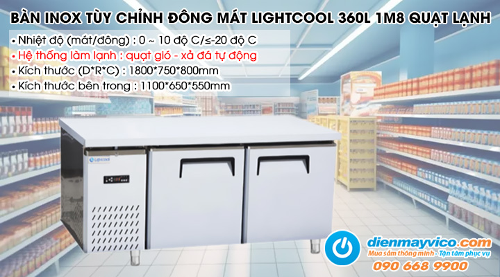 Bàn inox tùy chỉnh đông mát Lightcool 360L 1m8 Quạt lạnh