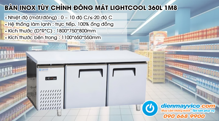 Bàn inox tùy chỉnh đông mát Lightcool 360L 1m8