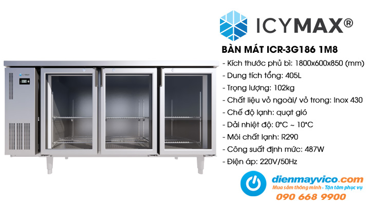 Bàn mát 3 cánh kính Icymax ICR-3G186 1m8