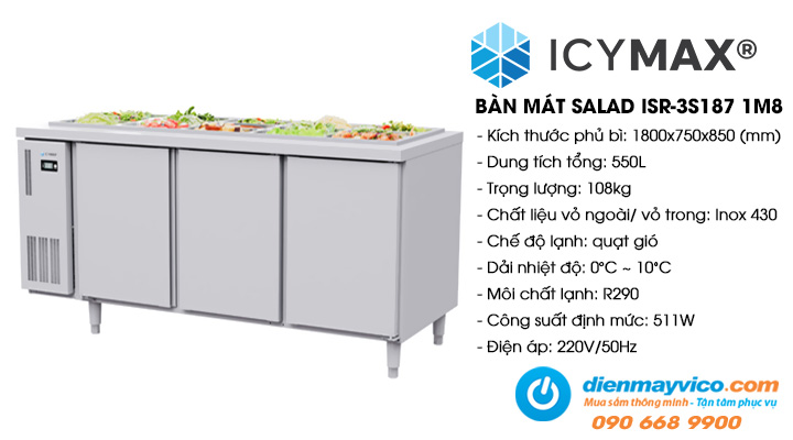 Bàn mát Salad 3 cánh inox Icymax ISR-3S187 1m8
