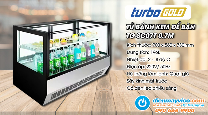 Tủ bánh kem để bàn kính vuông Turbo Gold TG-SC07T