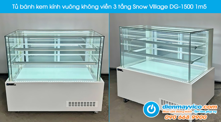 Tủ bánh kem kính vuông không viền 3 tầng Snow Village 1m5