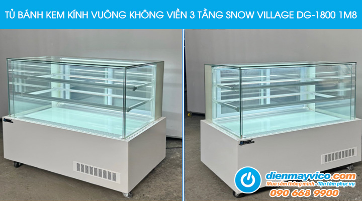 Tủ bánh kem kính vuông không viền 3 tầng Snow Village 1m8