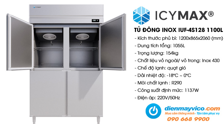 Tủ đông đứng 4 cánh inox Icymax IUF-4S128 1100L