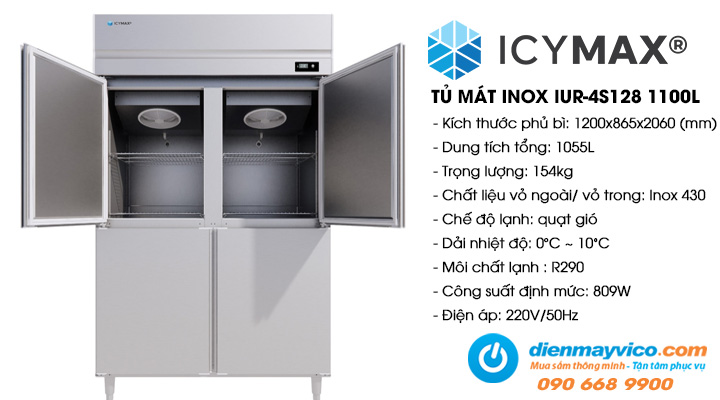 Tủ mát đứng 4 cánh inox Icymax IUR-4S128 1100L