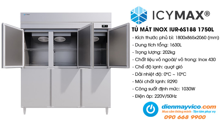 Tủ mát đứng 6 cánh inox Icymax IUR-6S188 1750L