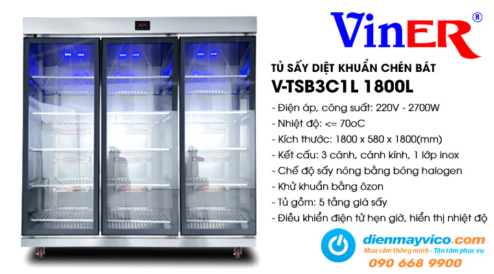 Tủ sấy diệt khuẩn chén bát Viner V-TSB3C1L 1800L