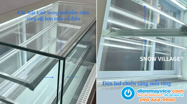 Phần kính và đèn led của Tủ bánh kem kính vuông không viền 3 tầng Snow Village 1m2