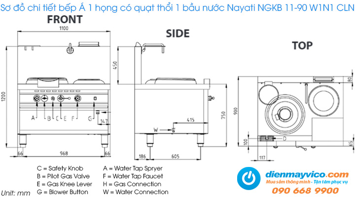 Sơ đồ chi tiết của bếp Á 1 họng có quạt thổi 1 bầu nước Nayati NGKB 11-90 W1N1 CLN