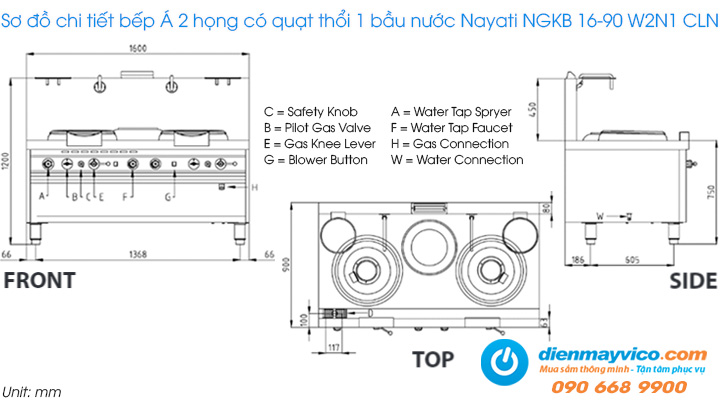 Sơ đồ chi tiết của bếp Á 2 họng có quạt thổi 1 bầu nước Nayati NGKB 16-90 W2N1 CLN