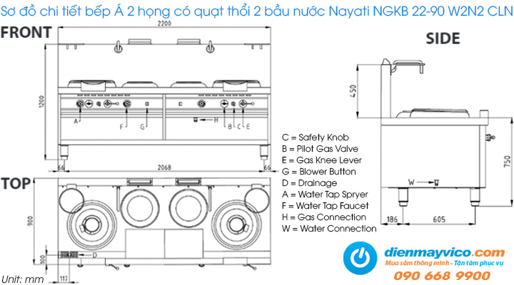 Sơ đồ chi tiết của bếp Á 2 họng có quạt thổi 2 bầu nước Nayati NGKB 22-90 W2N2 CLN