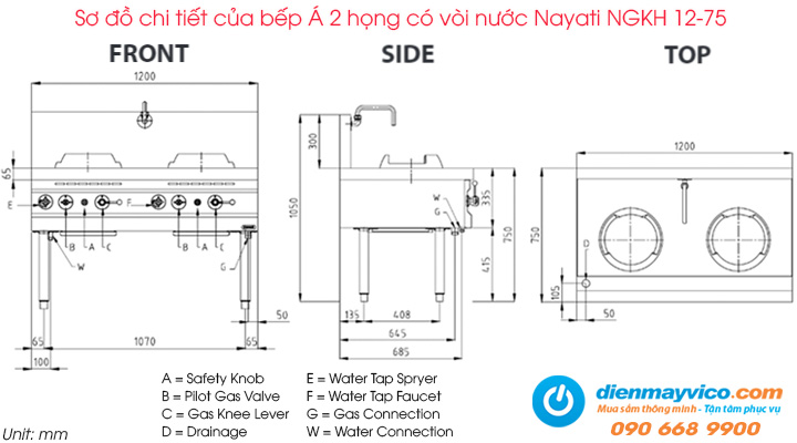 Sơ đồ chi tiết của bếp Á 2 họng có vòi nước Nayati NGKH 12-75