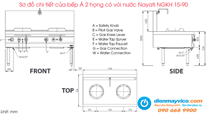 Sơ đồ chi tiết của bếp Á 2 họng có vòi nước Nayati NGKH 15-90