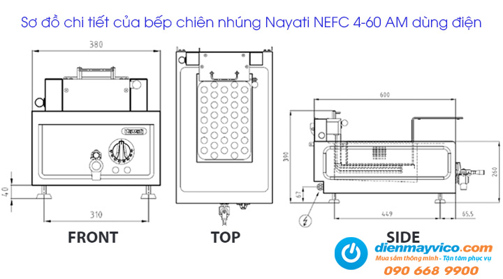 Sơ đồ chi tiết của bếp chiên nhúng đơn Nayati NEFC 4-60 AM dùng điện