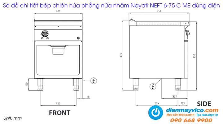 Sơ đồ chi tiết của bếp chiên nửa phẳng nửa nhám Nayati NEFT 6-75 C ME dùng điện