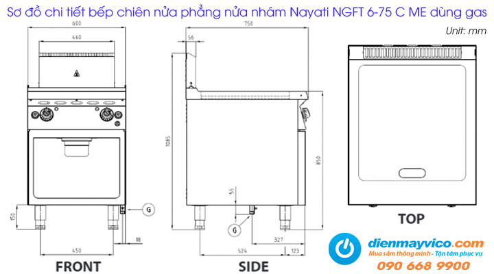 Sơ đồ chi tiết của bếp chiên nửa phẳng nửa nhám Nayati NGFT 6-75 C ME dùng gas