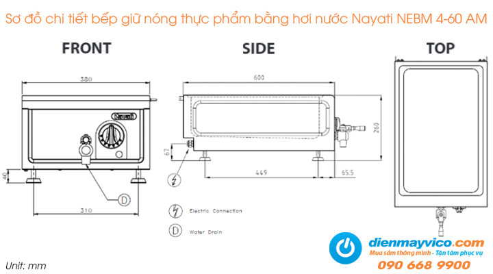 Sơ đồ chi tiết của bếp giữ nóng thực phẩm bằng hơi nước Nayati NEBM 4-60 AM