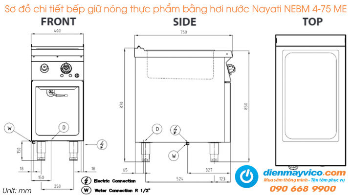 Sơ đồ chi tiết của bếp giữ nóng thực phẩm bằng hơi nước Nayati NEBM 4-75 ME