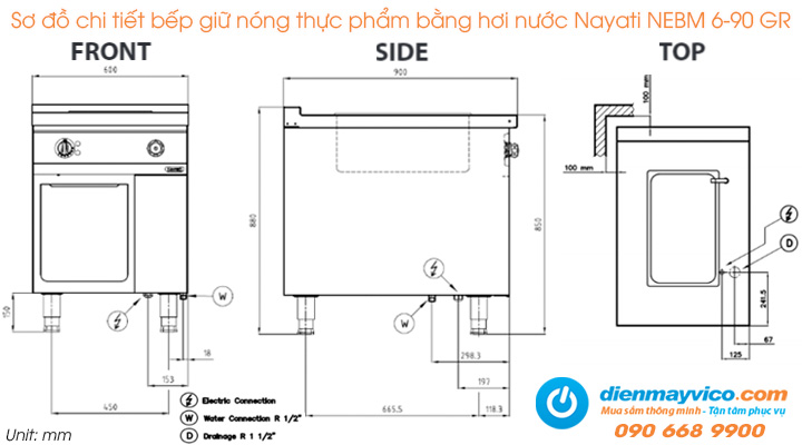 Sơ đồ chi tiết của bếp giữ nóng thực phẩm bằng hơi nước Nayati NEBM 6-90 GR