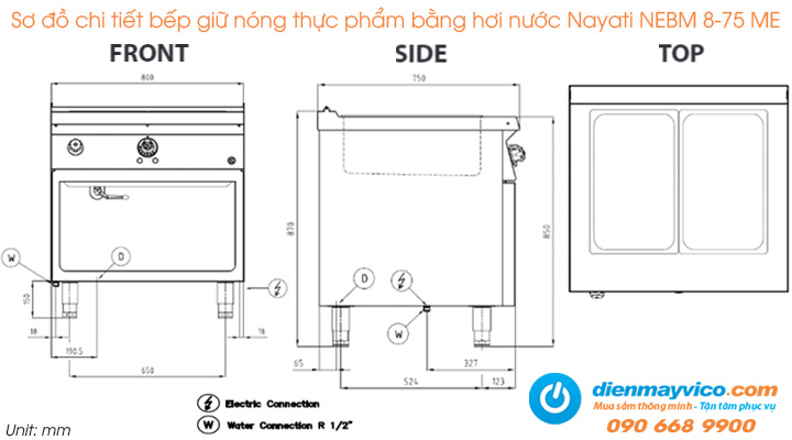 Sơ đồ chi tiết của bếp giữ nóng thực phẩm bằng hơi nước Nayati NEBM 8-75 ME