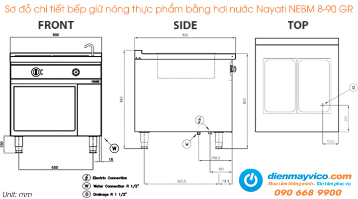 Sơ đồ chi tiết của bếp giữ nóng thực phẩm bằng hơi nước Nayati NEBM 8-90 GR