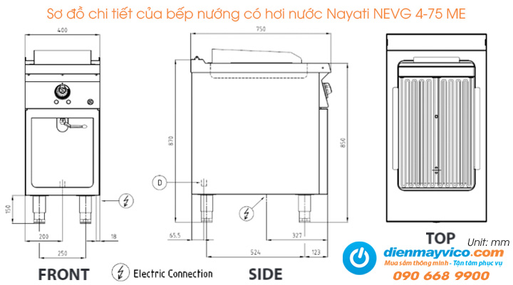 Sơ đồ chi tiết của bếp nướng có hơi nước Nayati NEVG 4-75 ME