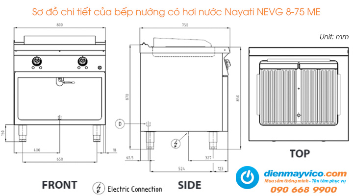 Sơ đồ chi tiết của bếp nướng có hơi nước Nayati NEVG 8-75 ME