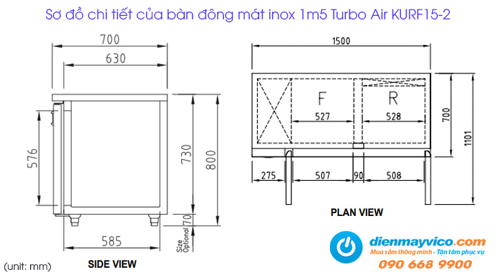 Sơ đồ chi tiết của bàn đông mát 2 cánh inox Turbo Air KURF15-2 1m5