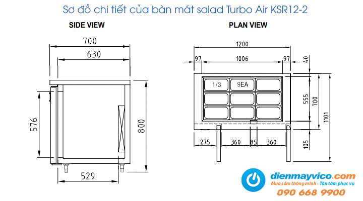 Sơ đồ chi tiết của bàn mát salad 2 cánh Turbo Air KSR12-2 1m2
