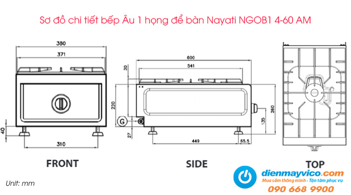 Sơ đồ chi tiết của bếp Âu 1 họng để bàn Nayati NGOB1 4-60 AM