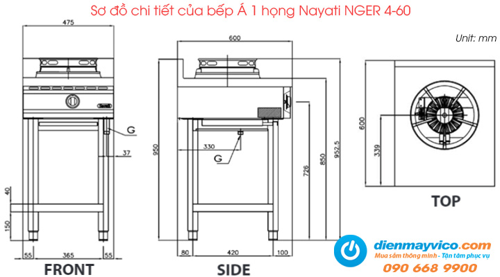 Sơ đồ chi tiết của bếp Á 1 họng Nayati NGER 4-60