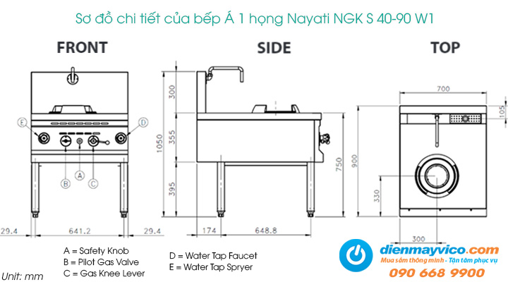 Sơ đồ chi tiết của bếp Á 1 họng Nayati NGK S 40-90 W1