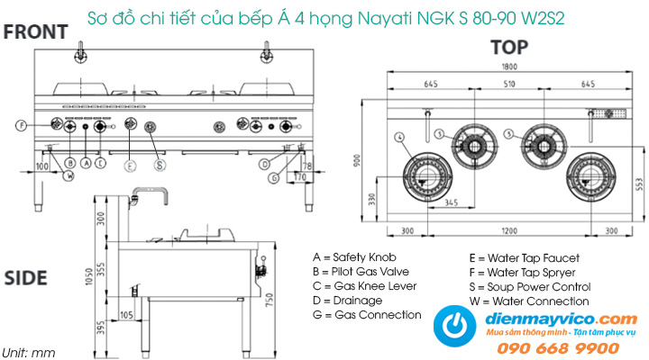 Sơ đồ chi tiết của bếp Á 4 họng Nayati NGK S 80-90 W2S2