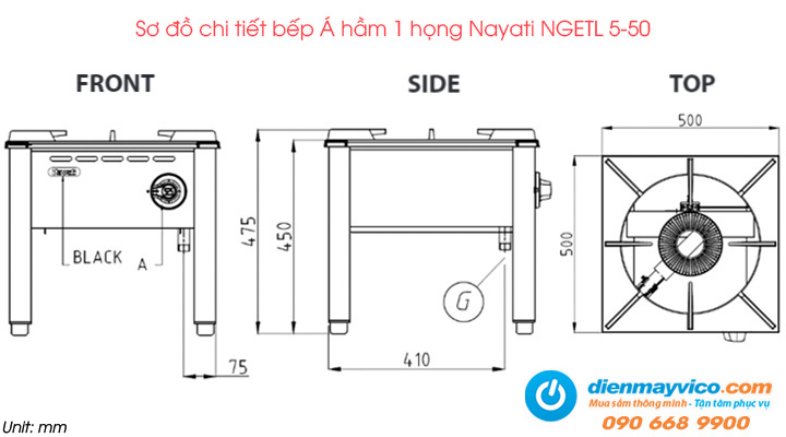 Sơ đồ chi tiết của bếp Á hầm 1 họng Nayati NGETL 5-50