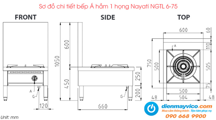 Sơ đồ chi tiết của bếp Á hầm 1 họng Nayati NGTL 6-75