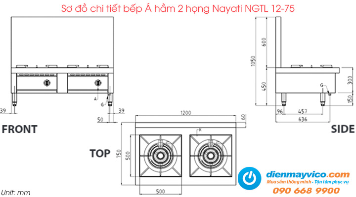 Sơ đồ chi tiết của bếp Á hầm 2 họng Nayati NGTL 12-75