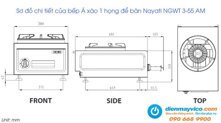 Sơ đồ chi tiết của bếp Á xào 1 họng để bàn Nayati NGWT 3-55 AM