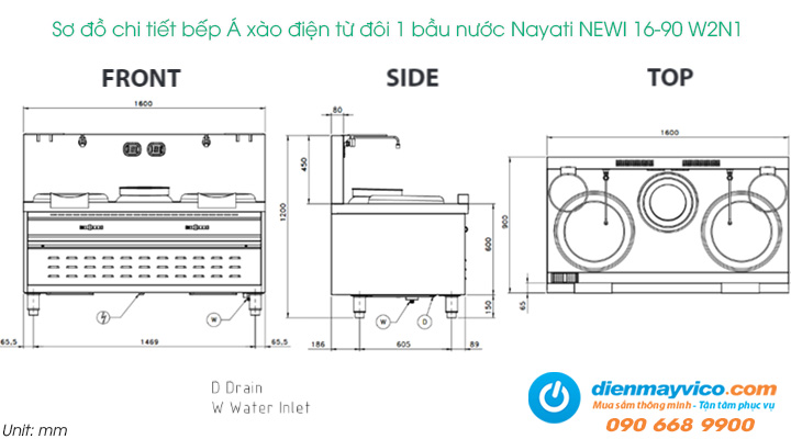 Sơ đồ chi tiết của bếp Á xào điện từ đôi 1 bầu nước Nayati NEWI 16-90 W2N1