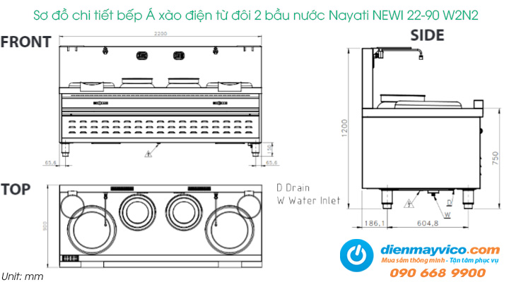 Sơ đồ chi tiết của bếp Á xào điện từ đôi 2 bầu nước Nayati NEWI 22-90 W2N2