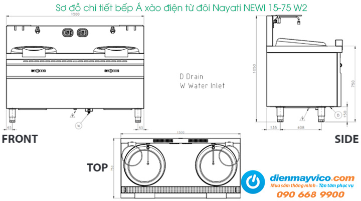 Sơ đồ chi tiết của bếp Á xào điện từ đôi Nayati NEWI 15-75 W2