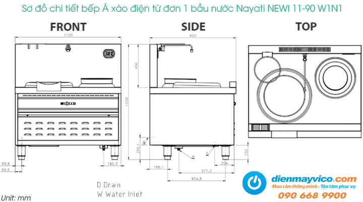 Sơ đồ chi tiết của bếp Á xào điện từ đơn 1 bầu nước Nayati NEWI 11-90 W1N1