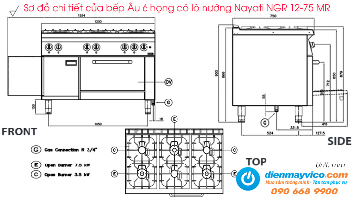 Sơ đồ chi tiết của bếp Âu 6 họng có lò nướng Nayati NGR 12-75 MR