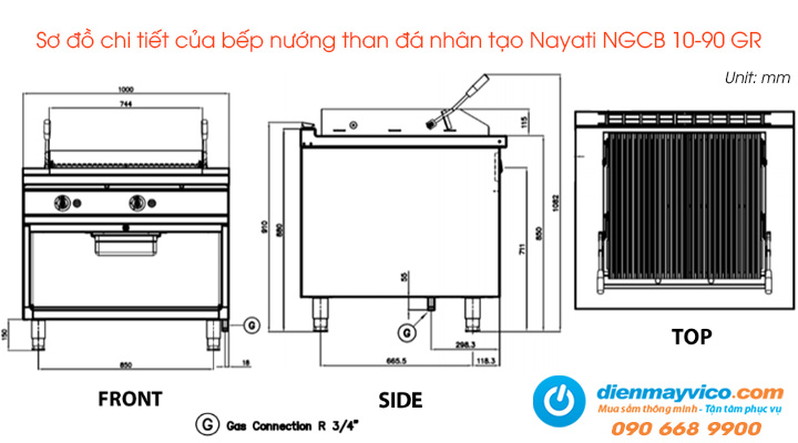 Sơ đồ chi tiết của bếp nướng than đá nhân tạo Nayati NGCB 10-90 GR