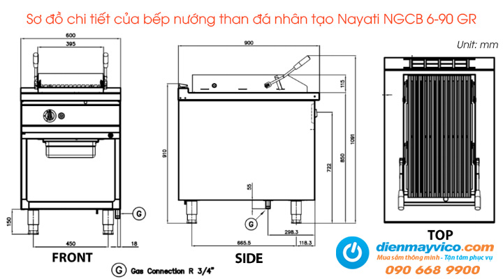 Sơ đồ chi tiết của bếp nướng than đá nhân tạo Nayati NGCB 6-90 GR