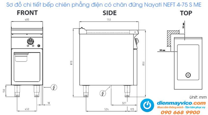 Sơ đồ chi tieersrt của bếp chiên phẳng có chân đứng Nayati NEFT 4-75 S ME dùng điện