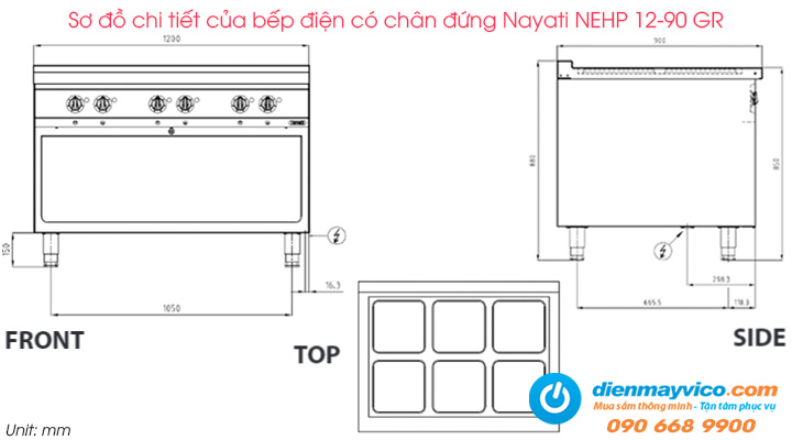 Sơ đồ chi tiết của bếp điện có chân đứng Nayati NEHP 12-90 GR