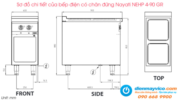 Sơ đồ chi tiết của bếp điện có chân đứng Nayati NEHP 4-90 GR