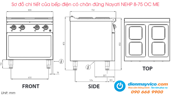 Sơ đồ chi tiết của bếp điện có chân đứng Nayati NEHP 8-75 OC ME