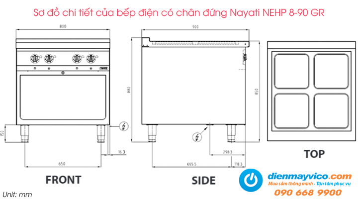 Sơ đồ chi tiết của bếp điện có chân đứng Nayati NEHP 8-90 GR