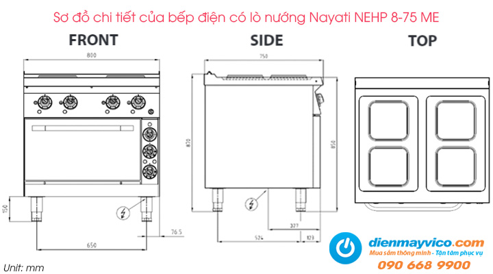 Sơ đồ chi tiết của bếp điện có lò nướng Nayati NEHP 8-75 ME